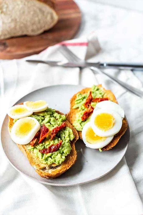A plate of avocado toast with eggs and sun dried tomatoes